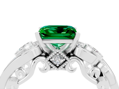 White gold Princess Cut Emerald Solitaire Ring with Milgrain Pavé Band and Four-Prong Setting_52