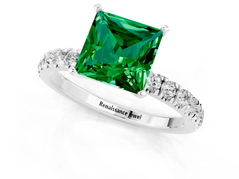 White gold Princess Cut Emerald Solitaire Ring with Pavé Accents and Four-Prong Setting_1
