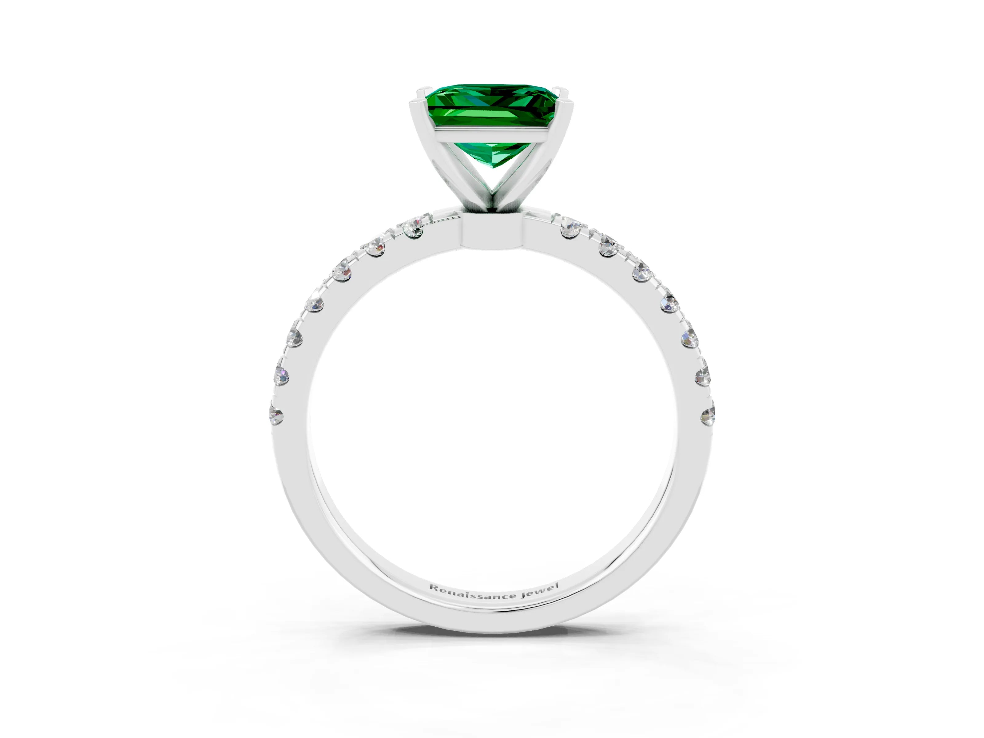 White gold Princess Cut Emerald Solitaire Ring with Pavé Accents and Four-Prong Setting_3