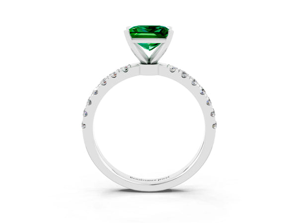 Silver Princess Cut Emerald Solitaire Ring with Pavé Accents and Four-Prong Setting