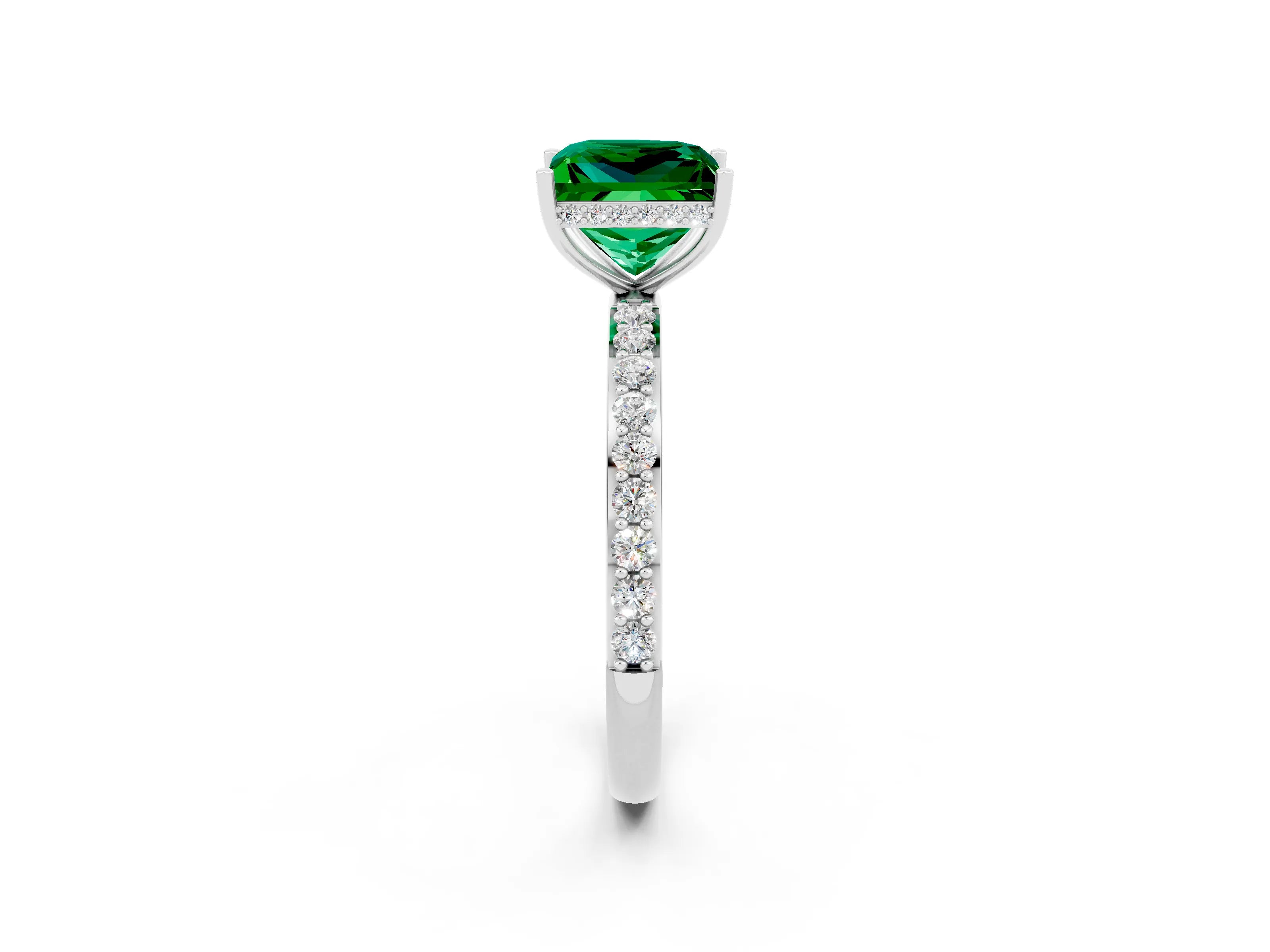 White gold Princess Cut Emerald Solitaire Ring with Pavé Band and Hidden Halo_26