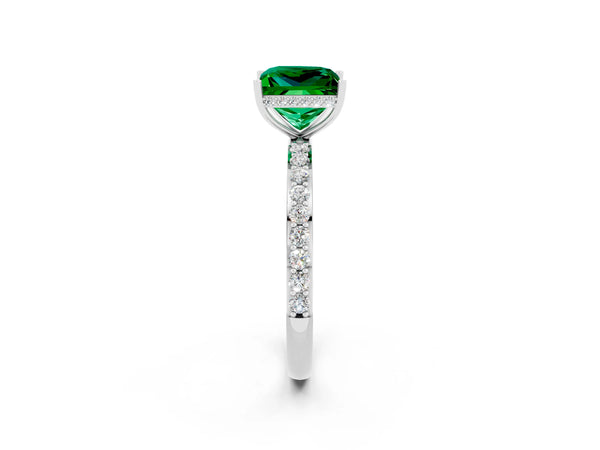 White gold Princess Cut Emerald Solitaire Ring with Pavé Band and Hidden Halo