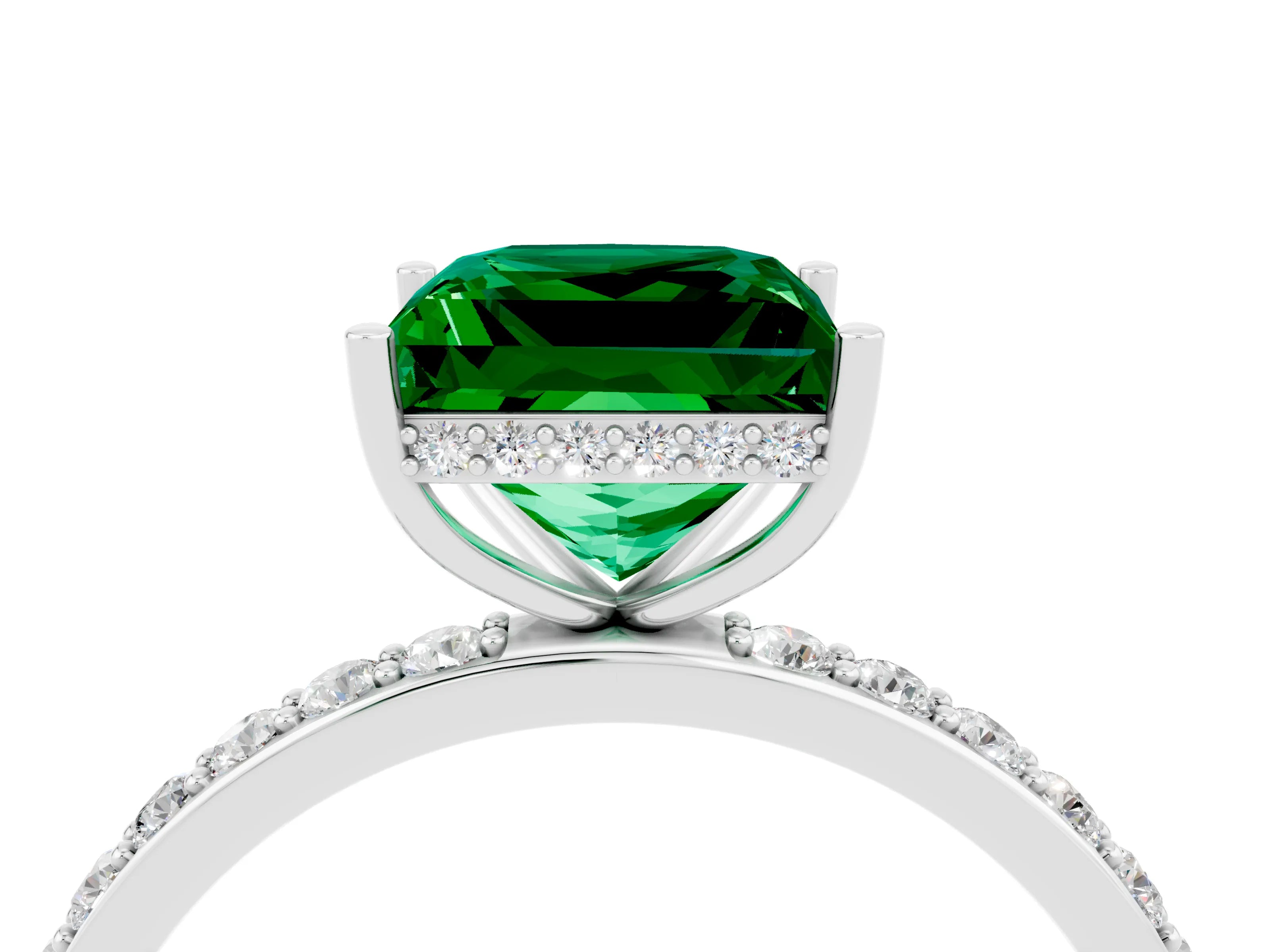 White gold Princess Cut Emerald Solitaire Ring with Pavé Band and Hidden Halo_28