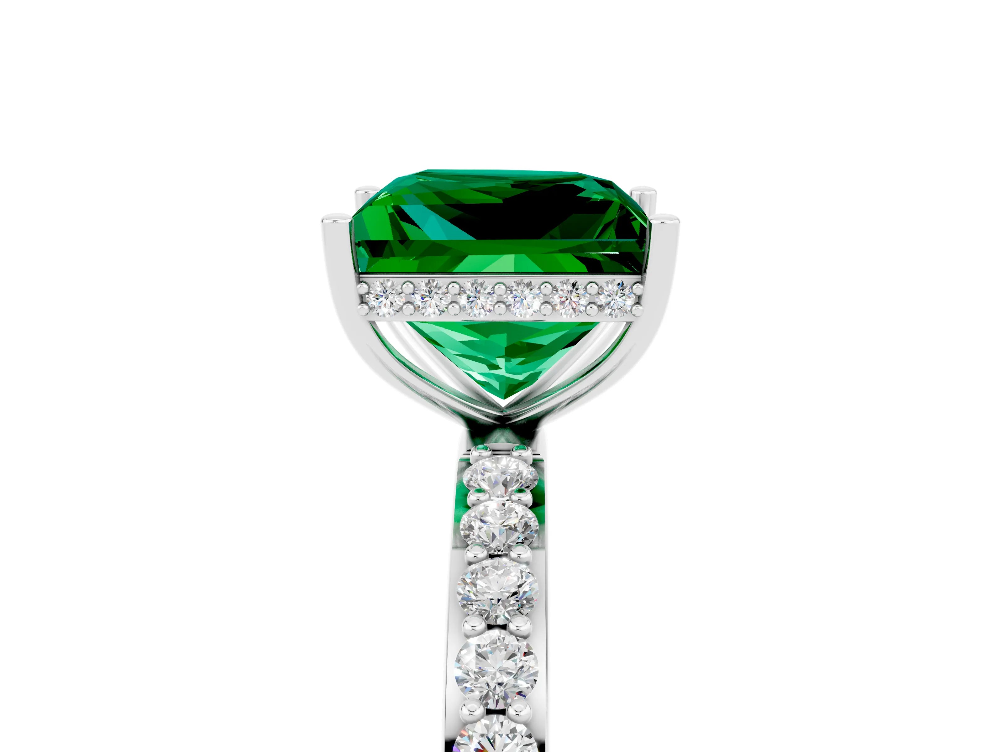 White gold Princess Cut Emerald Solitaire Ring with Pavé Band and Hidden Halo_29
