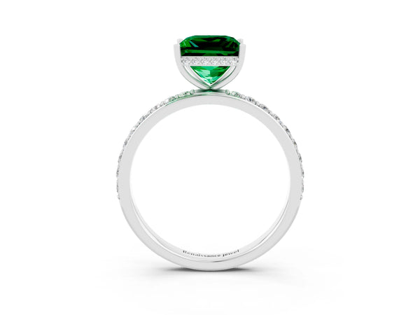 Silver Princess Cut Emerald Solitaire Ring with Pavé Band and Hidden Halo