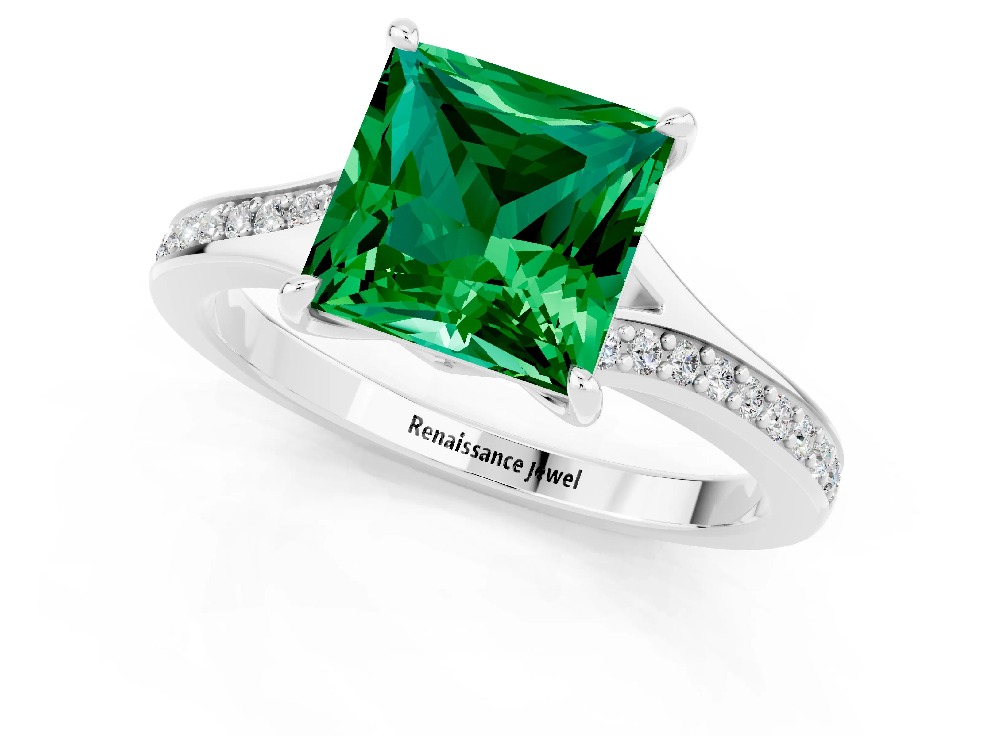 White gold Princess Cut Emerald Solitaire Ring with Pavé Band and Prong Setting_1