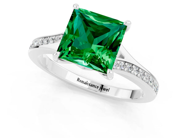 Platinum Princess Cut Emerald Solitaire Ring with Pavé Band and Prong Setting