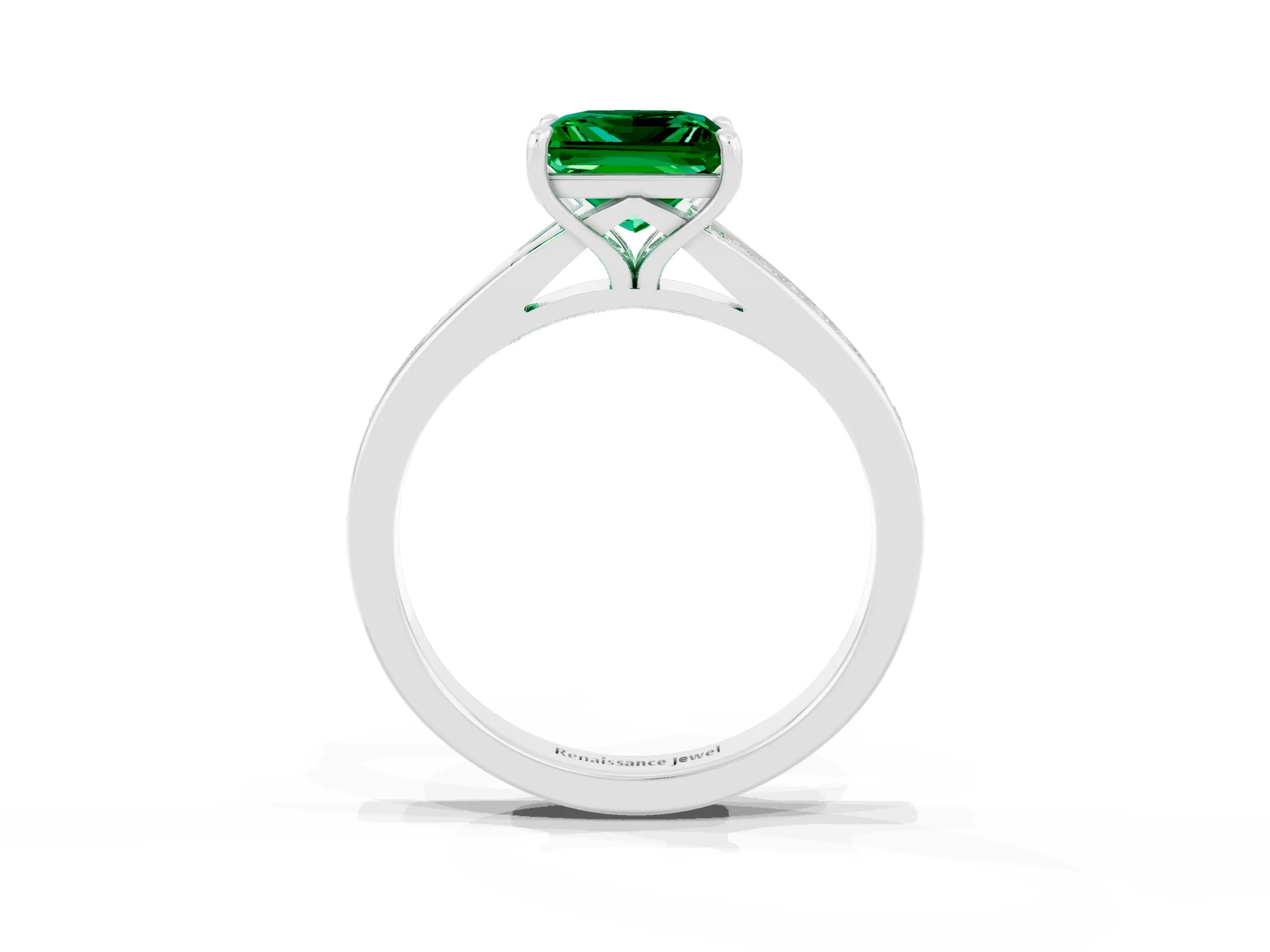 White gold Princess Cut Emerald Solitaire Ring with Pavé Band and Prong Setting_15