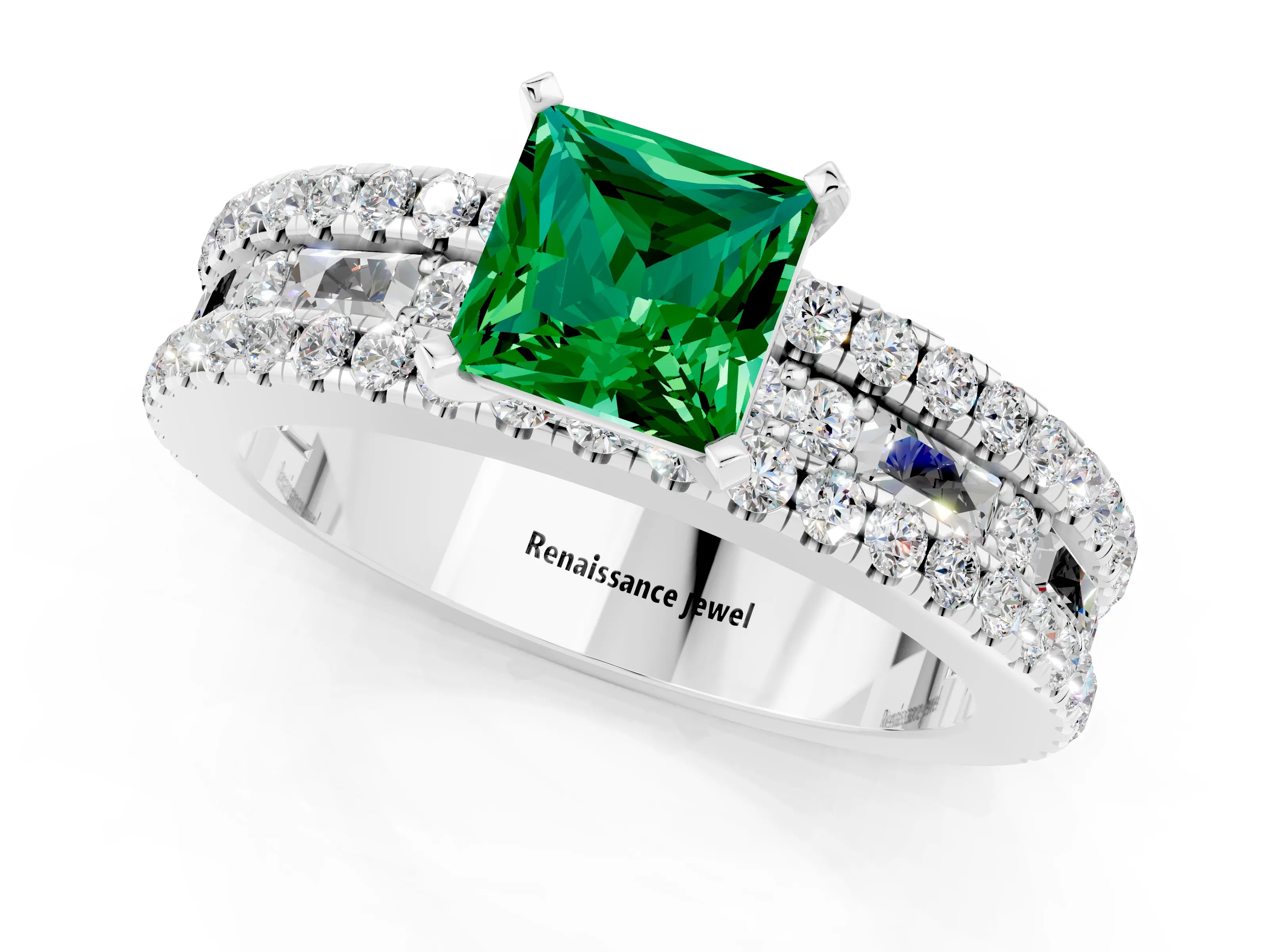 White gold Princess Cut Emerald Solitaire Ring with Pavé and Channel Set Band_1