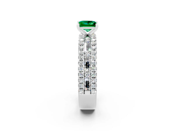 Silver Princess Cut Emerald Solitaire Ring with Pavé and Channel Set Band
