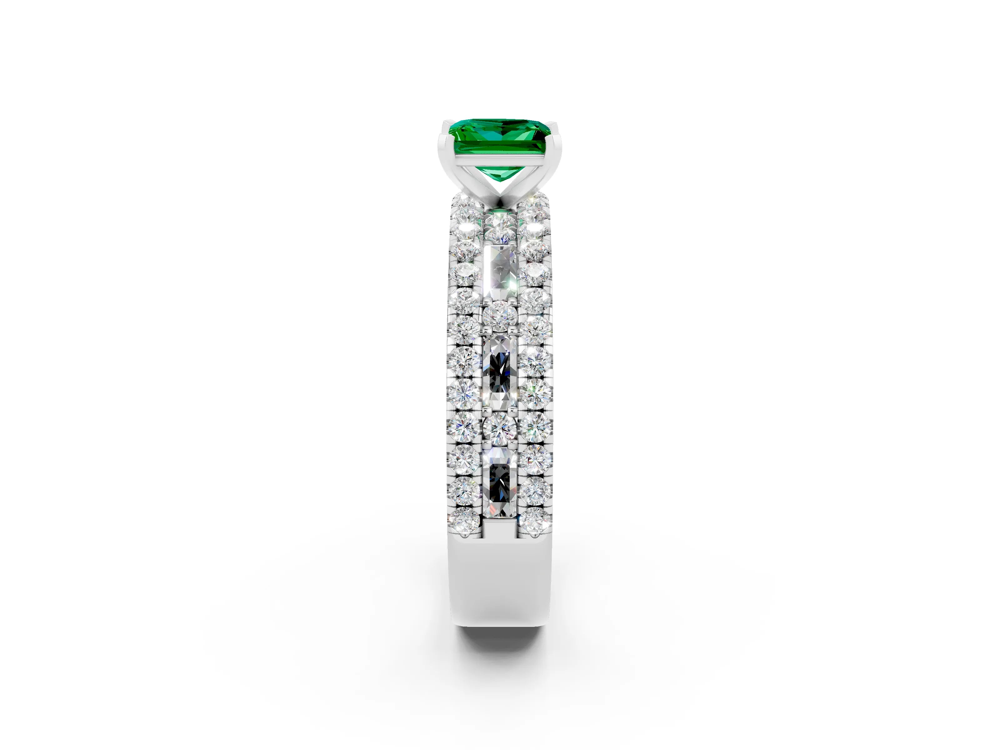 White gold Princess Cut Emerald Solitaire Ring with Pavé and Channel Set Band_2