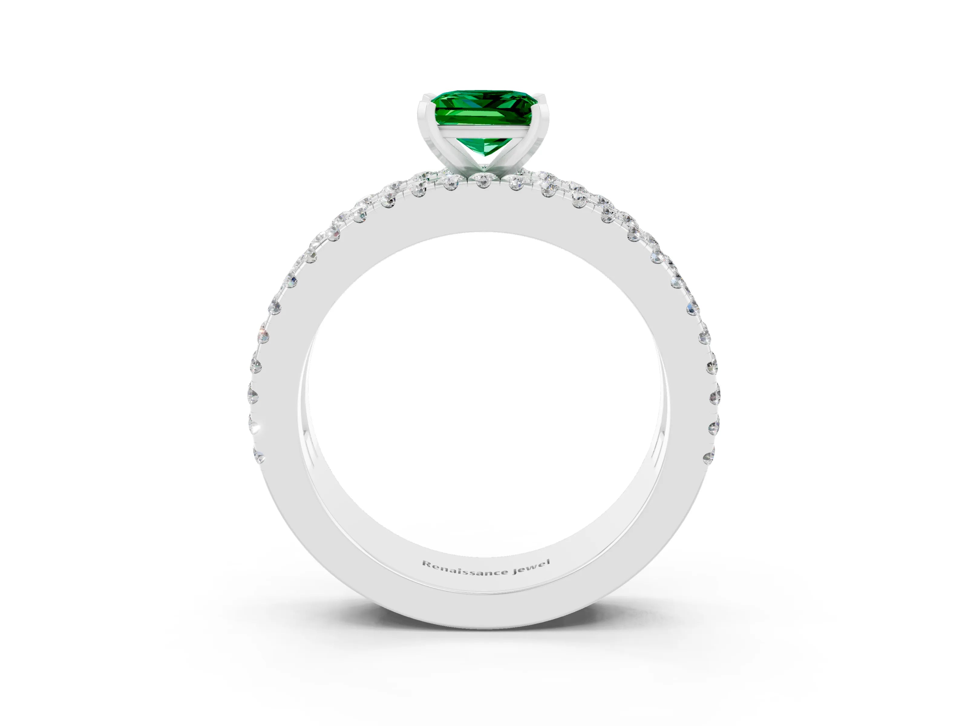 White gold Princess Cut Emerald Solitaire Ring with Pavé and Channel Set Band_3