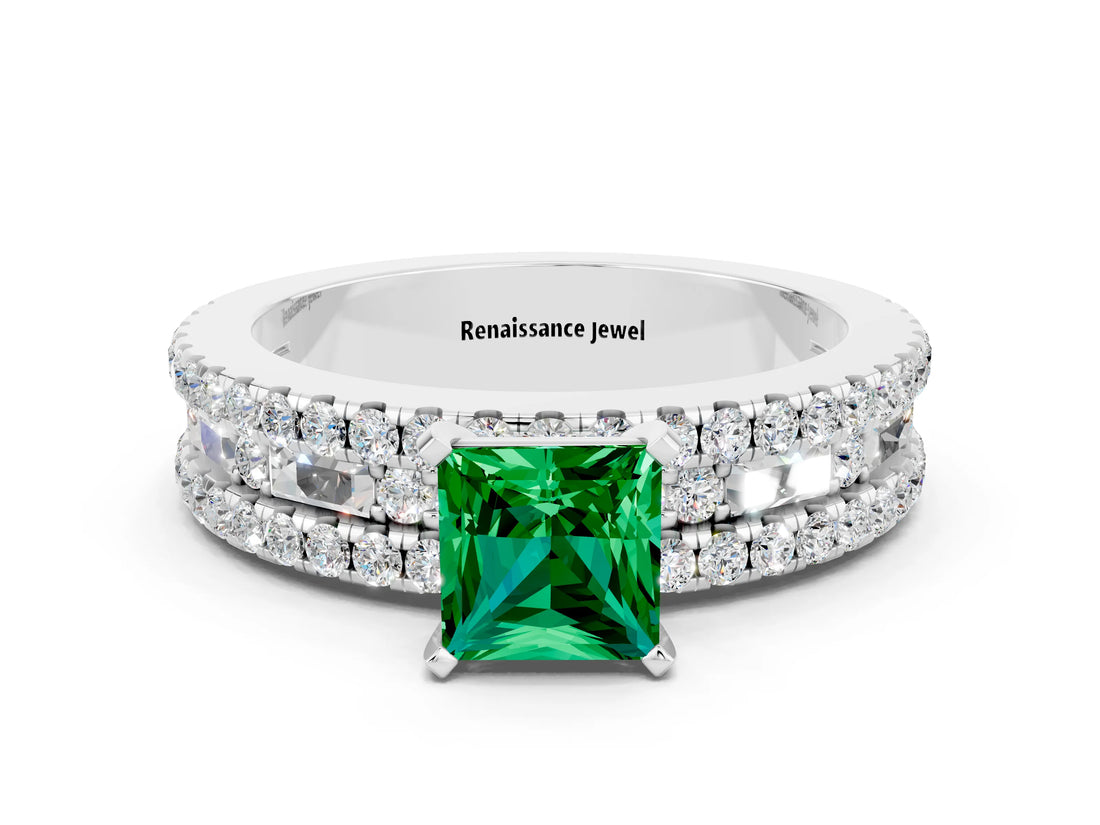 White gold Princess Cut Emerald Solitaire Ring with Pavé and Channel Set Band