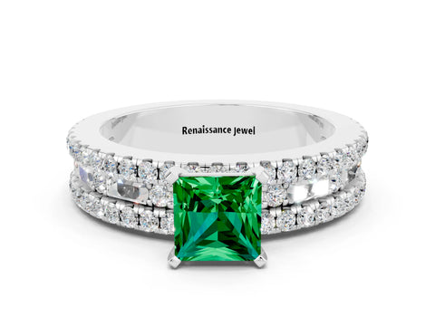 White gold Princess Cut Emerald Solitaire Ring with Pavé and Channel Set Band