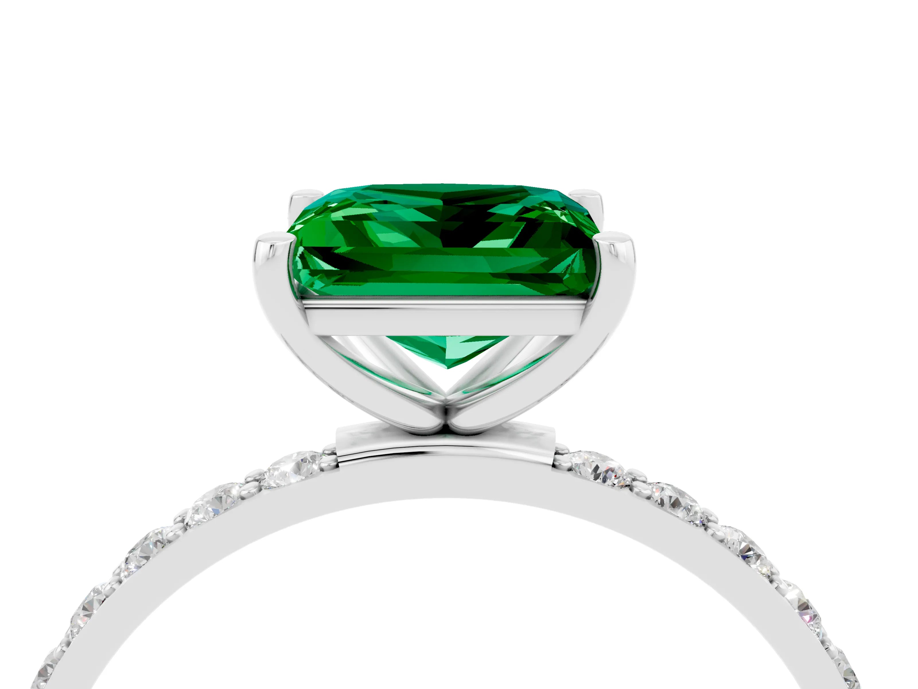 White gold Princess Cut Emerald Solitaire Ring with Pave Band and Four Prong Setting_16