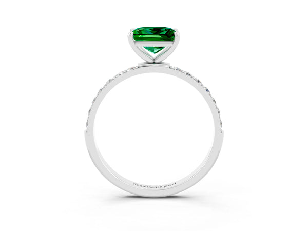 Silver Princess Cut Emerald Solitaire Ring with Round  Pavé Band and Prong Setting