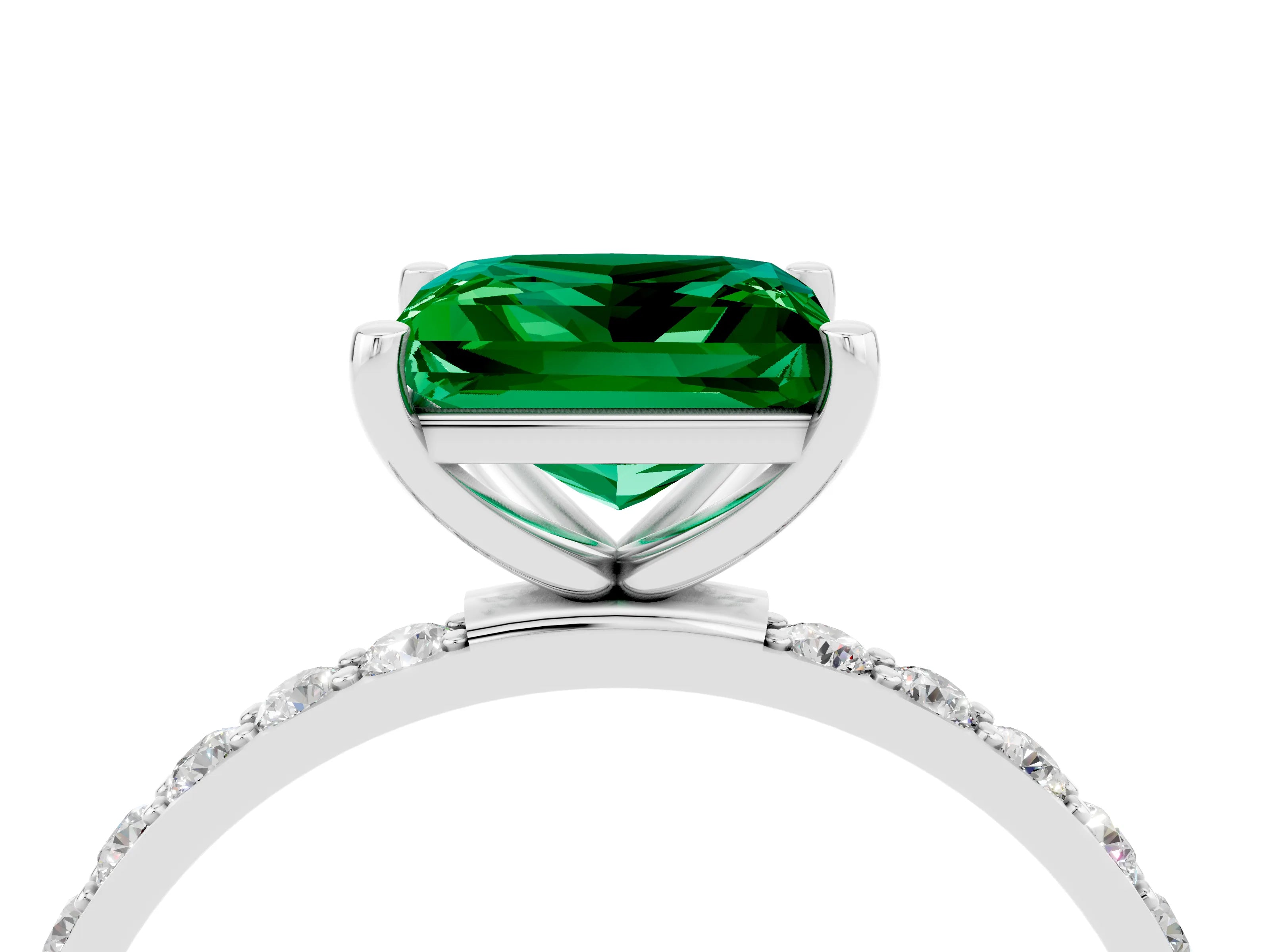 White gold Princess Cut Emerald Solitaire Ring with Pave Band and Four Prong Setting_28
