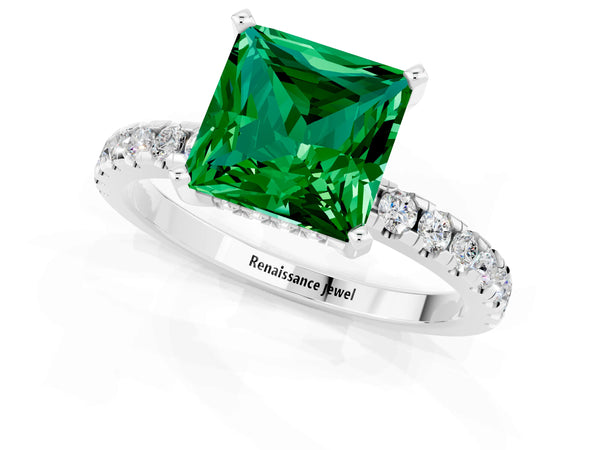 White gold Princess Cut Emerald Solitaire Ring with Round  Pavé Band and Four-Prong Setting