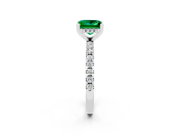 White gold Princess Cut Emerald Solitaire Ring with Round  Pavé Band and Four-Prong Setting