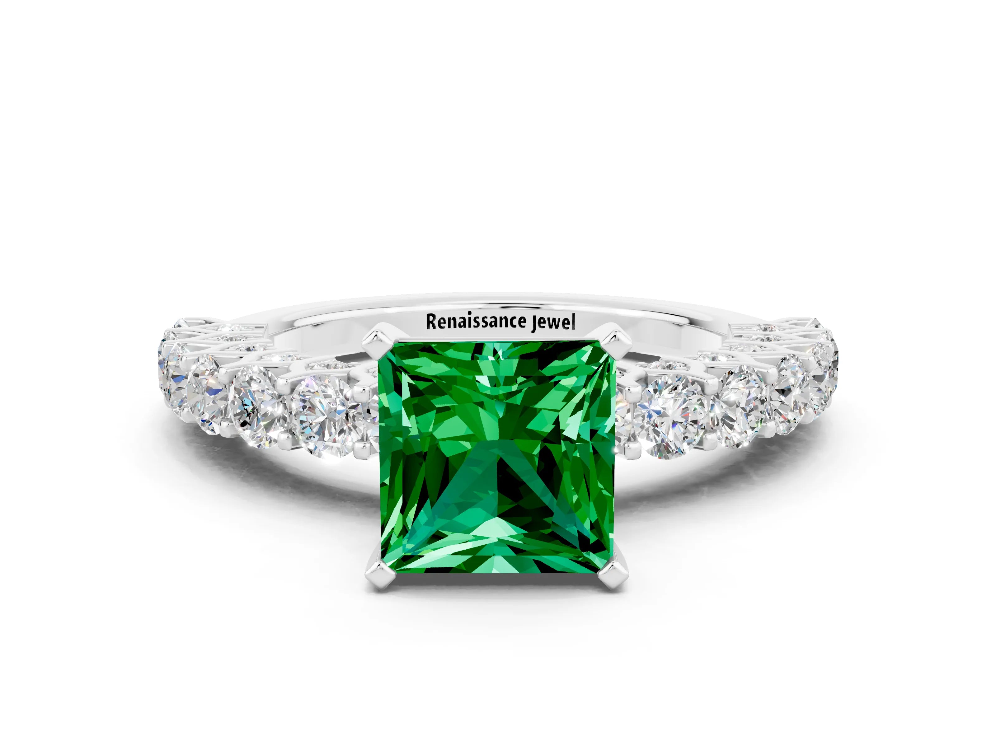 White gold Princess Cut Emerald Solitaire Ring with Shared Prong Pavé Band and Four-Prong Setting