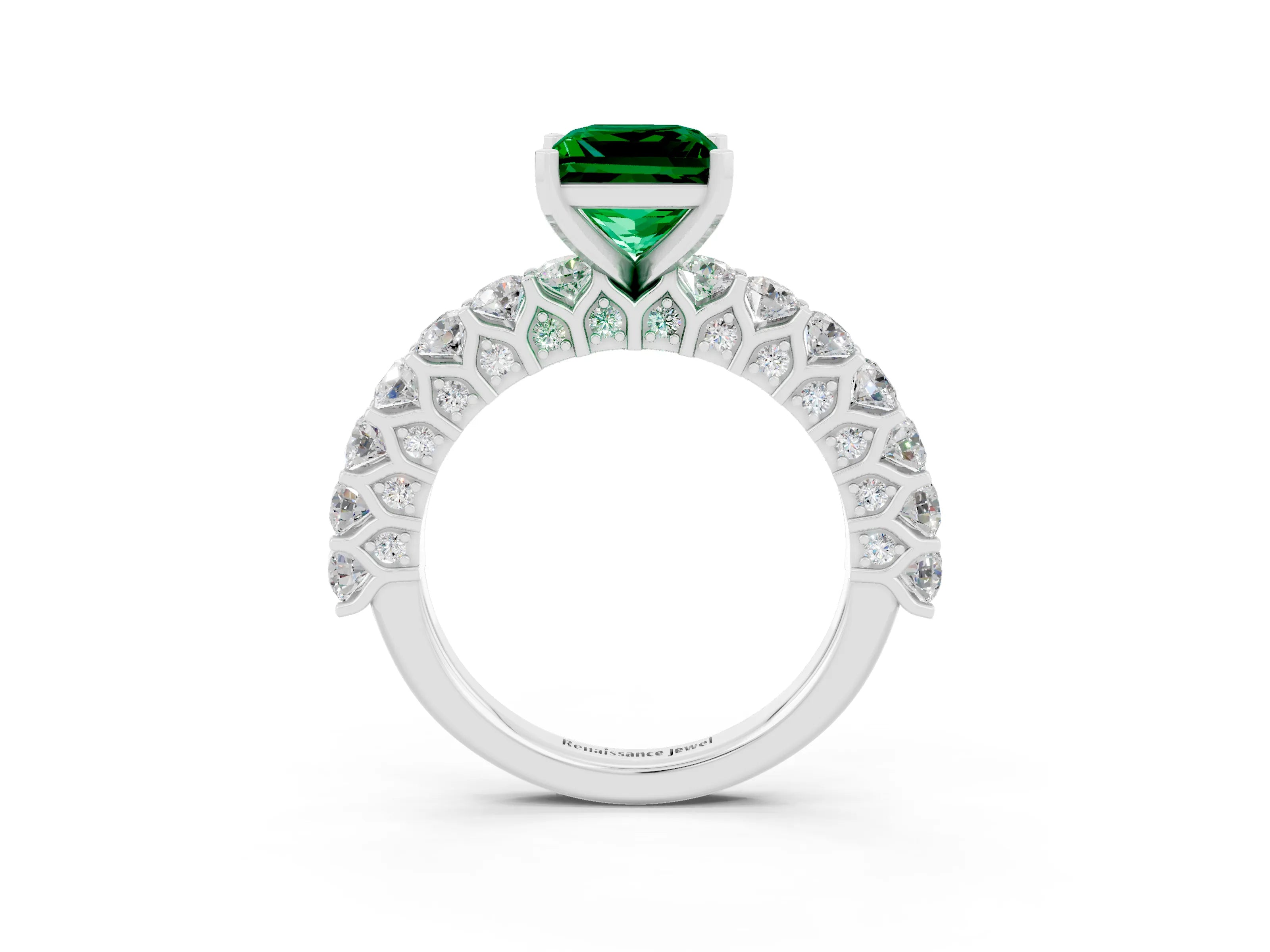 White gold Princess Cut Emerald Solitaire Ring with Shared Prong Pavé Band and Four-Prong Setting_3