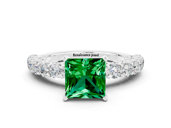 White gold Princess Cut Emerald Solitaire Ring with Shared Prong Pavé Band and Four-Prong Setting