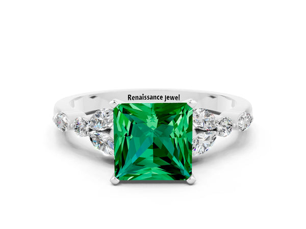 Platinum Princess Cut Emerald Solitaire Ring with Side Stones and Four-Prong Setting