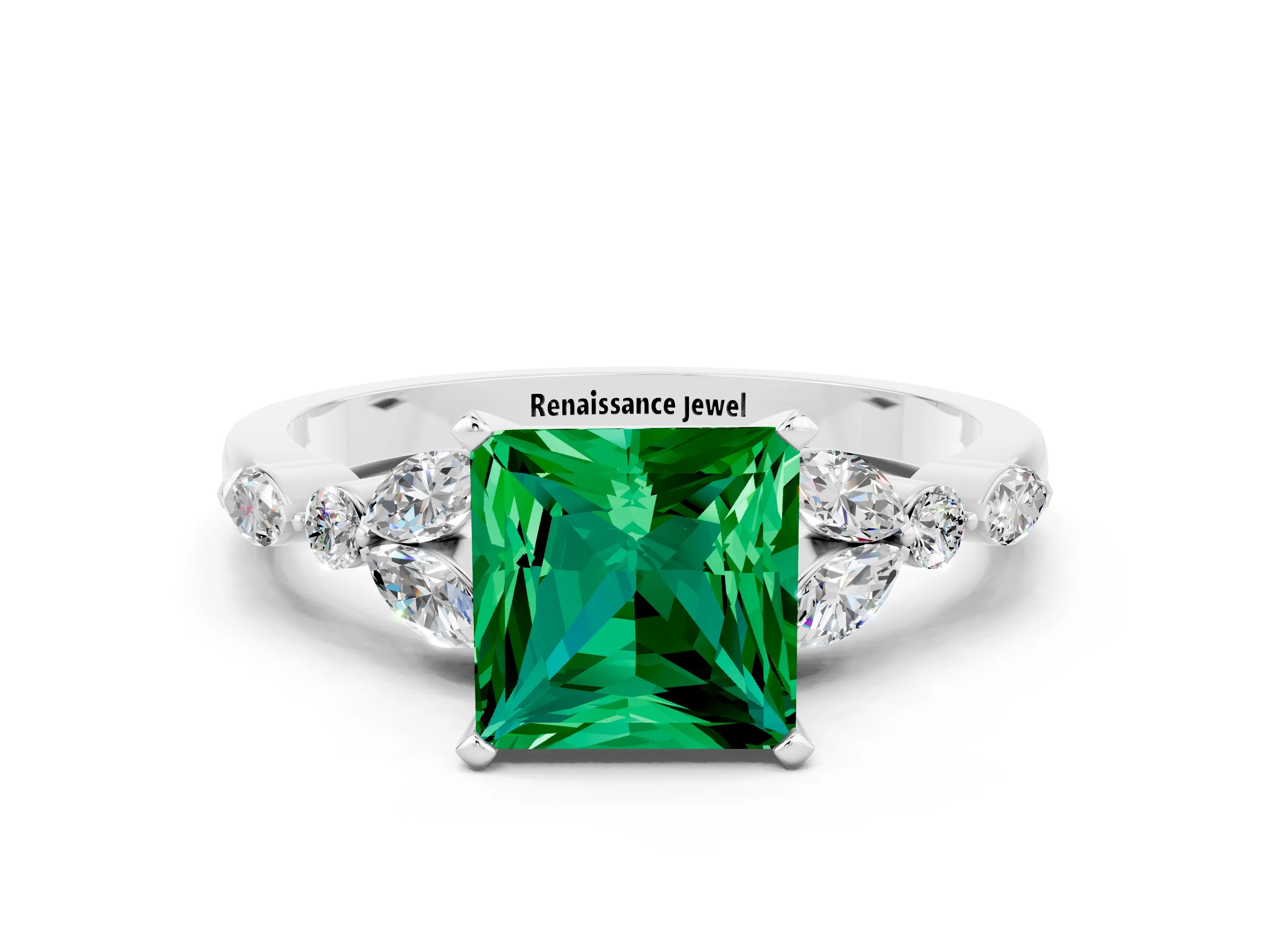 White gold Princess Cut Emerald Solitaire Ring with Side Stones and Four-Prong Setting_24