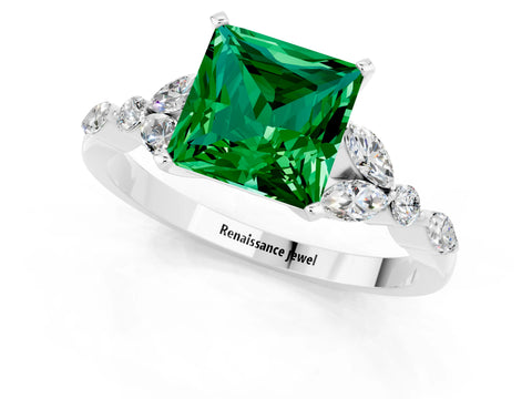 White gold Princess Cut Emerald Solitaire Ring with Side Stones and Four-Prong Setting_25