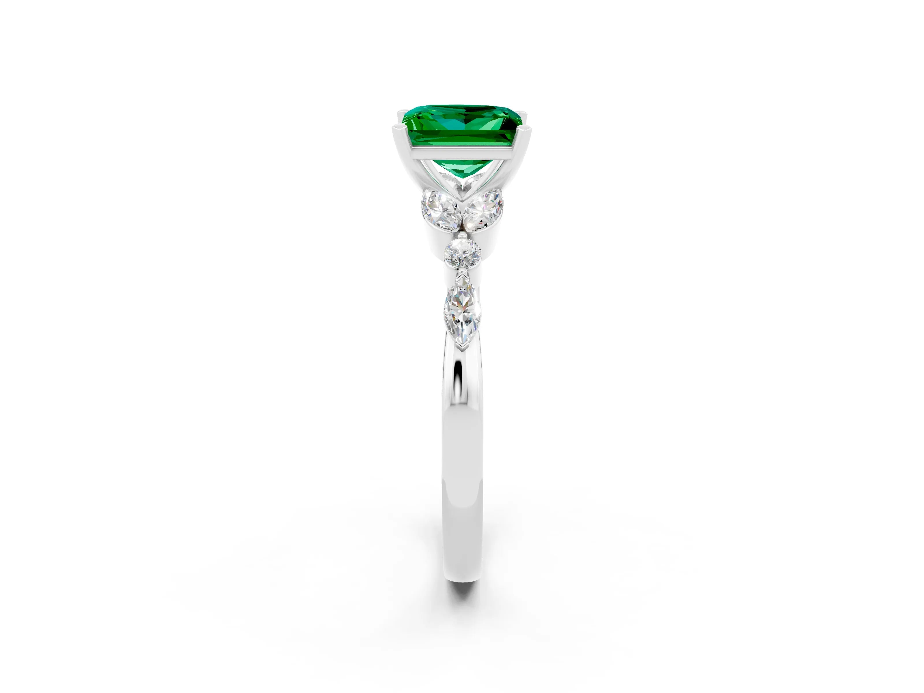 White gold Princess Cut Emerald Solitaire Ring with Side Stones and Four-Prong Setting_26