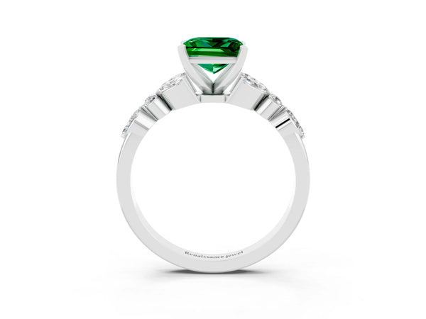 White gold Princess Cut Emerald Solitaire Ring with Side Stones and Four-Prong Setting