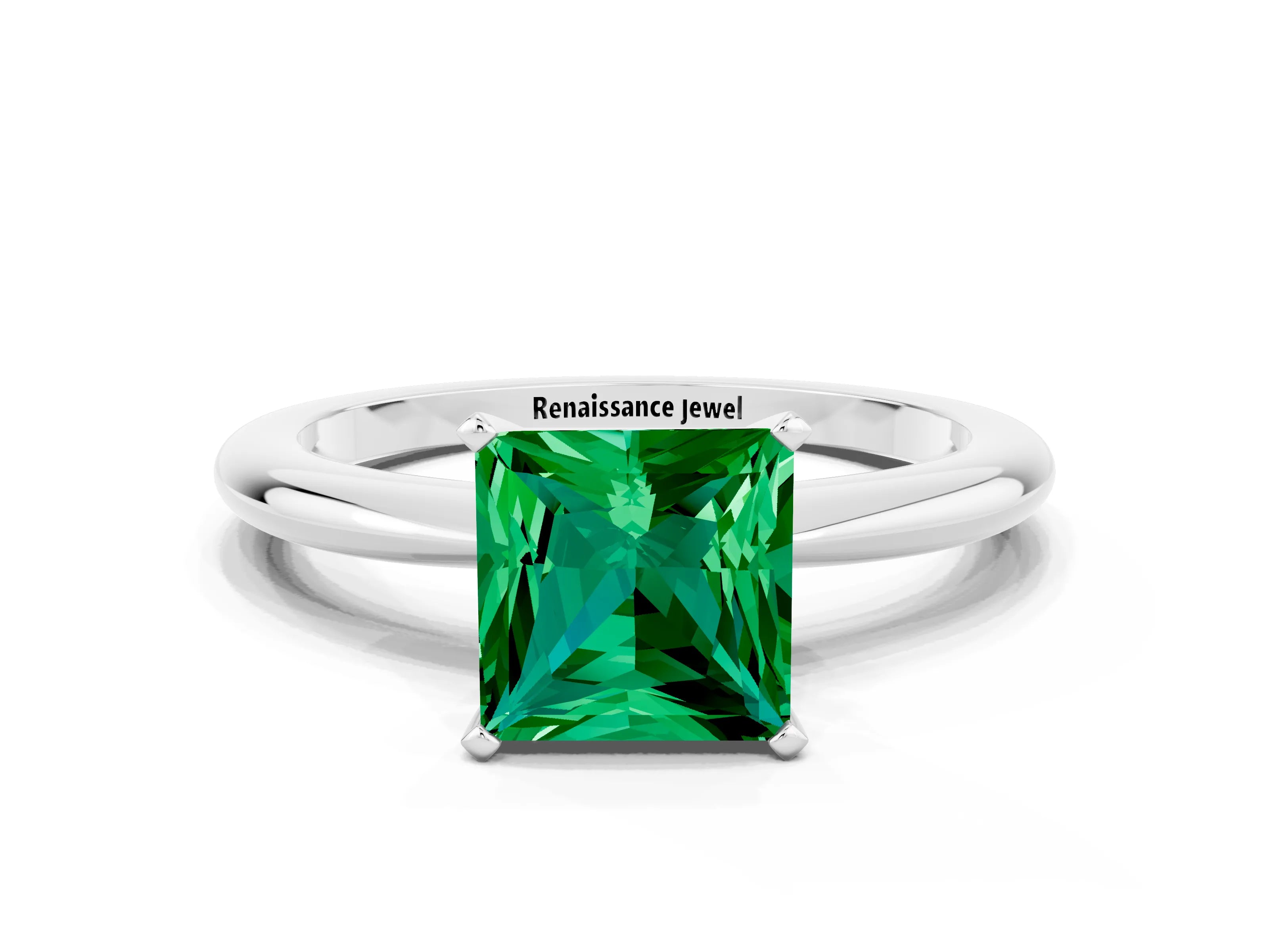 White gold Princess Cut Emerald Solitaire Ring with Six-Prong Setting and Classic Band_12