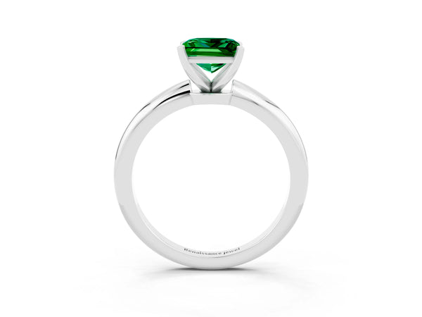 White gold Princess Cut Emerald Solitaire Ring with Six-Prong Setting and Classic Band