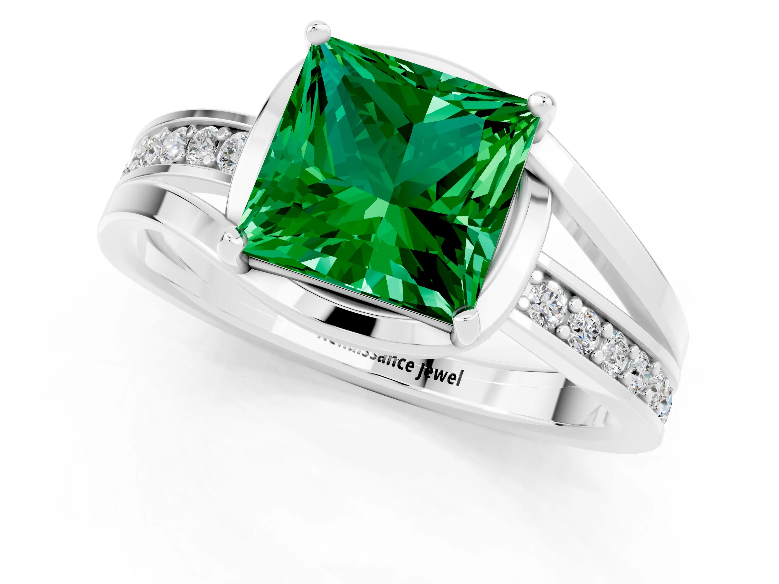 White gold Princess Cut Emerald Solitaire Ring with Split Shank and Prong Setting_1
