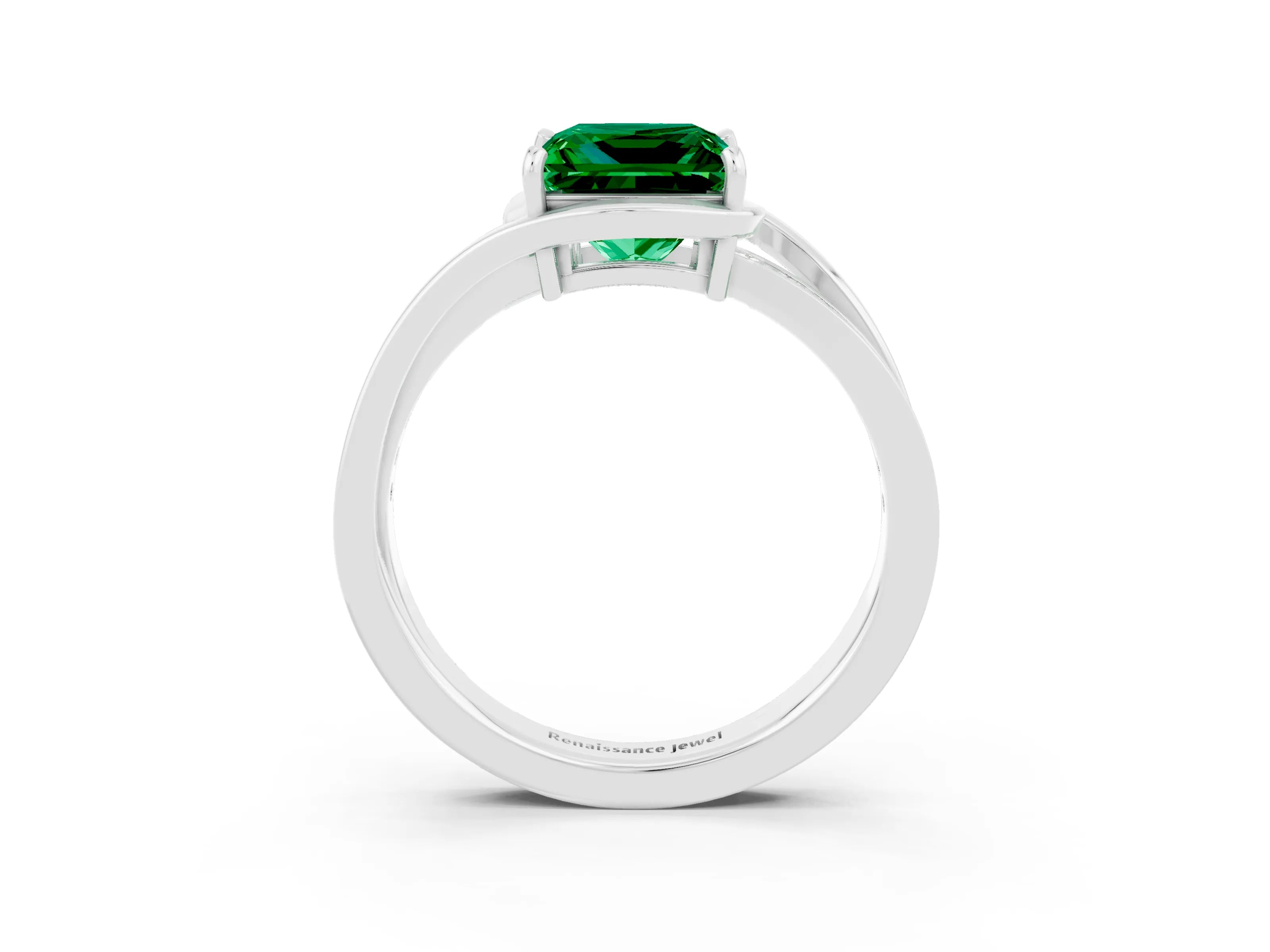 White gold Princess Cut Emerald Solitaire Ring with Split Shank and Prong Setting_3