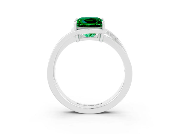 Platinum Princess Cut Emerald Solitaire Ring with Split Shank and Prong Setting