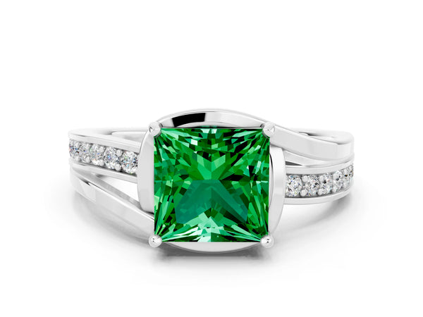 Silver Princess Cut Emerald Solitaire Ring with Split Shank and Prong Setting