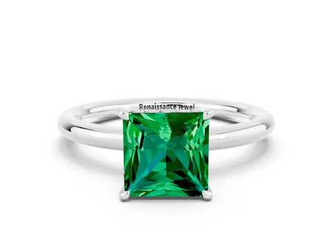 White gold Princess Cut Emerald Solitaire Ring with Thin Band and Four-Prong Setting