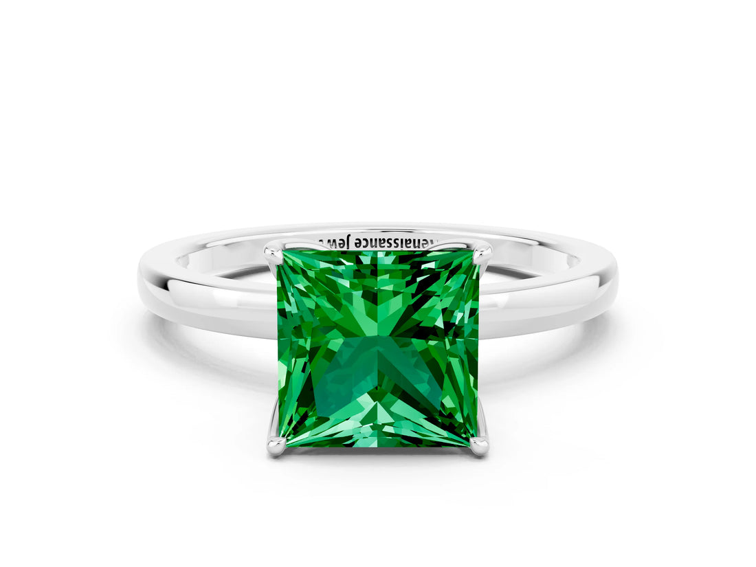 White gold Princess Cut Emerald Solitaire Ring with Thin Band and Prong Setting_12