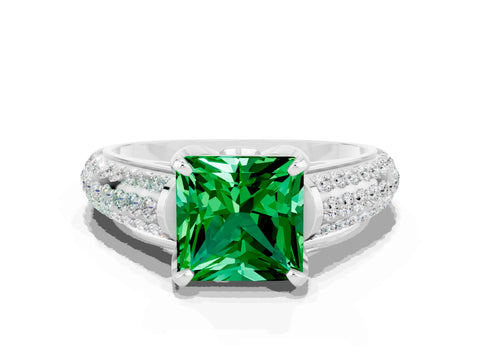 White gold Princess Cut Emerald Solitaire Ring with Three-Row Pavé Band and Four-Prong Setting_12