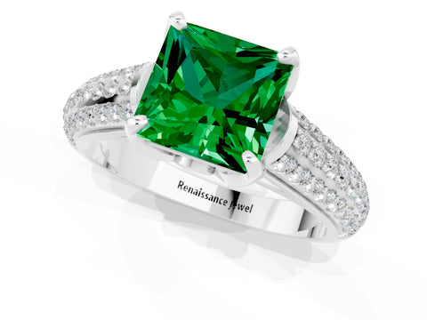White gold Princess Cut Emerald Solitaire Ring with Three-Row Pavé Band and Four-Prong Setting_13