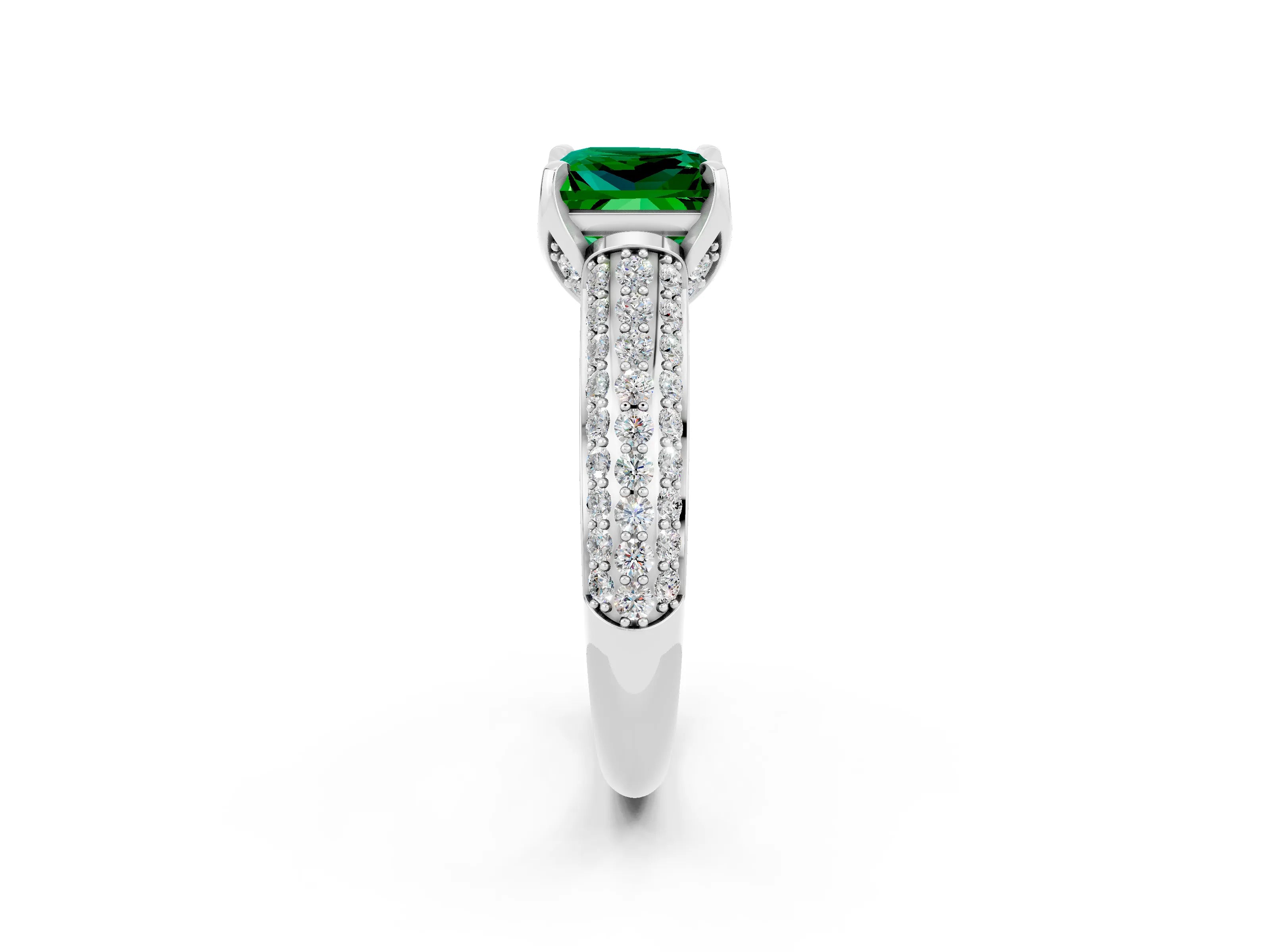 White gold Princess Cut Emerald Solitaire Ring with Three-Row Pavé Band and Four-Prong Setting_14