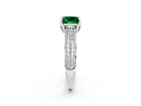 White gold Princess Cut Emerald Solitaire Ring with Three-Row Pavé Band and Four-Prong Setting_14