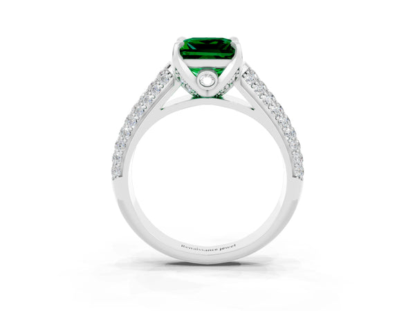 Platinum Princess Cut Emerald Solitaire Ring with Three-Row Pavé Band and Four-Prong Setting