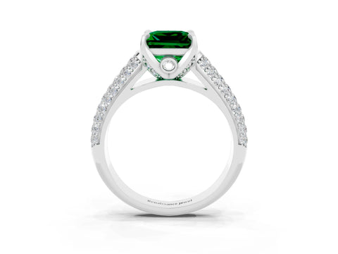 White gold Princess Cut Emerald Solitaire Ring with Three-Row Pavé Band and Four-Prong Setting_15