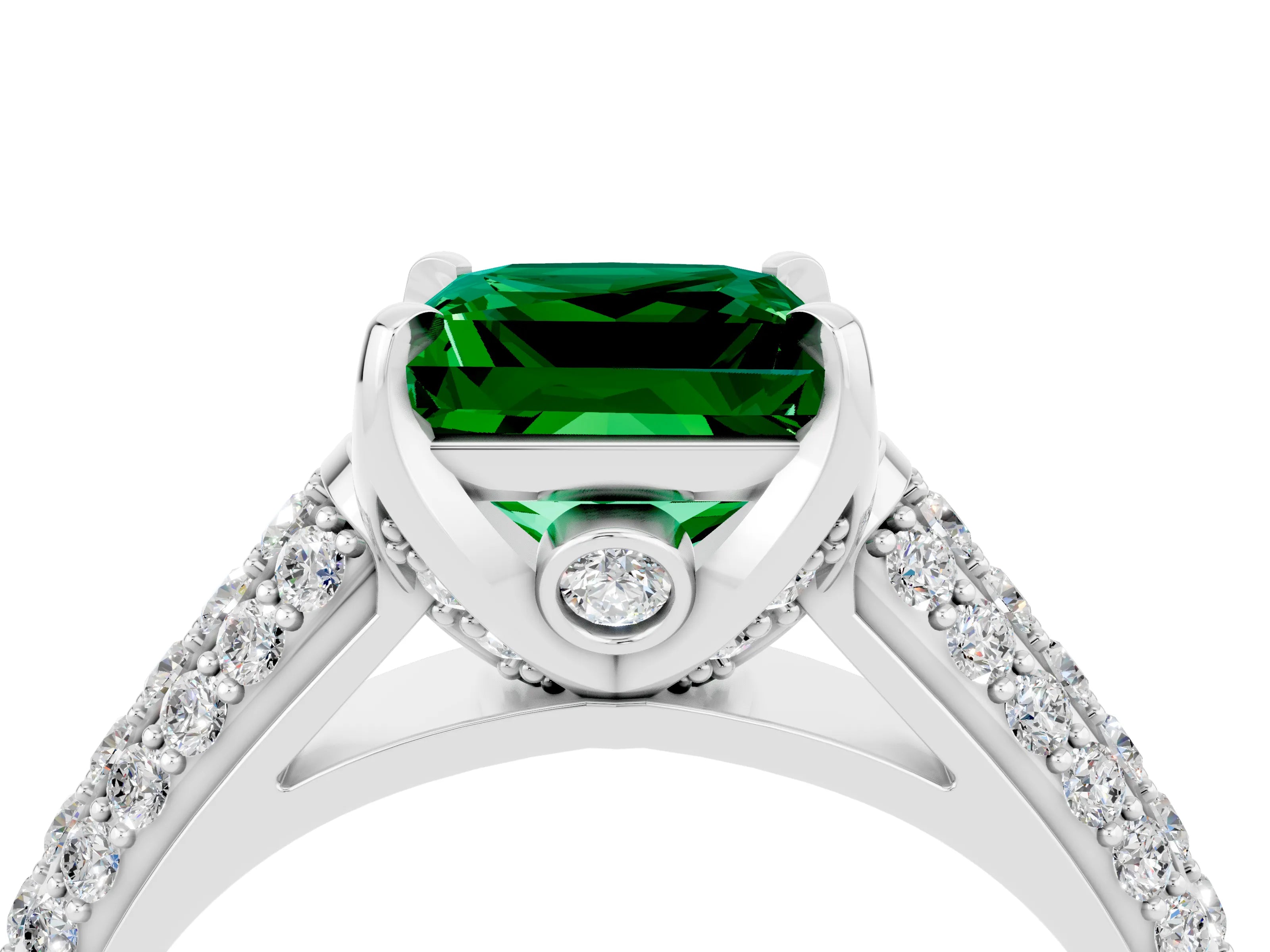 White gold Princess Cut Emerald Solitaire Ring with Three-Row Pavé Band and Four-Prong Setting_16