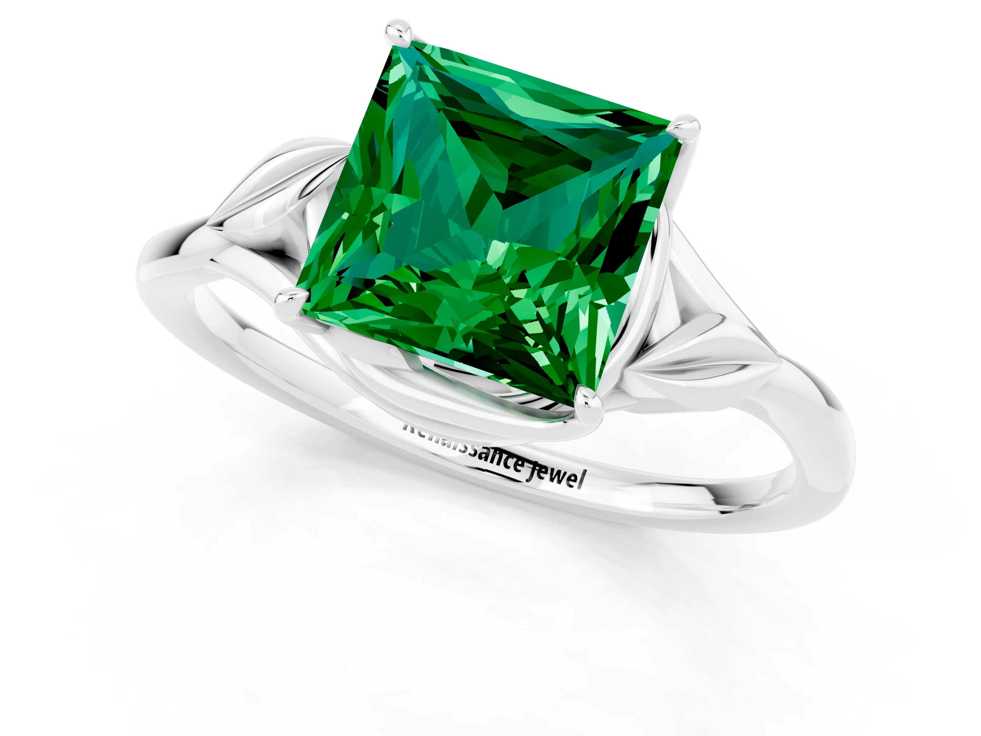 White gold Princess Cut Emerald Solitaire Ring with Twist Band and Four-Prong Setting_13