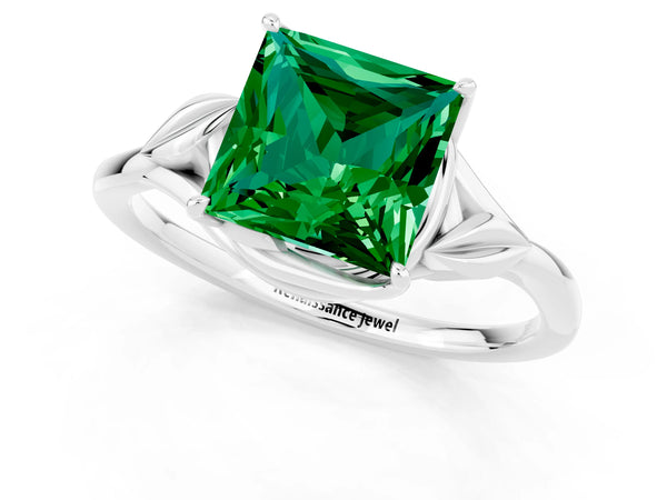Platinum Princess Cut Emerald Solitaire Ring with Twist Band and Four-Prong Setting