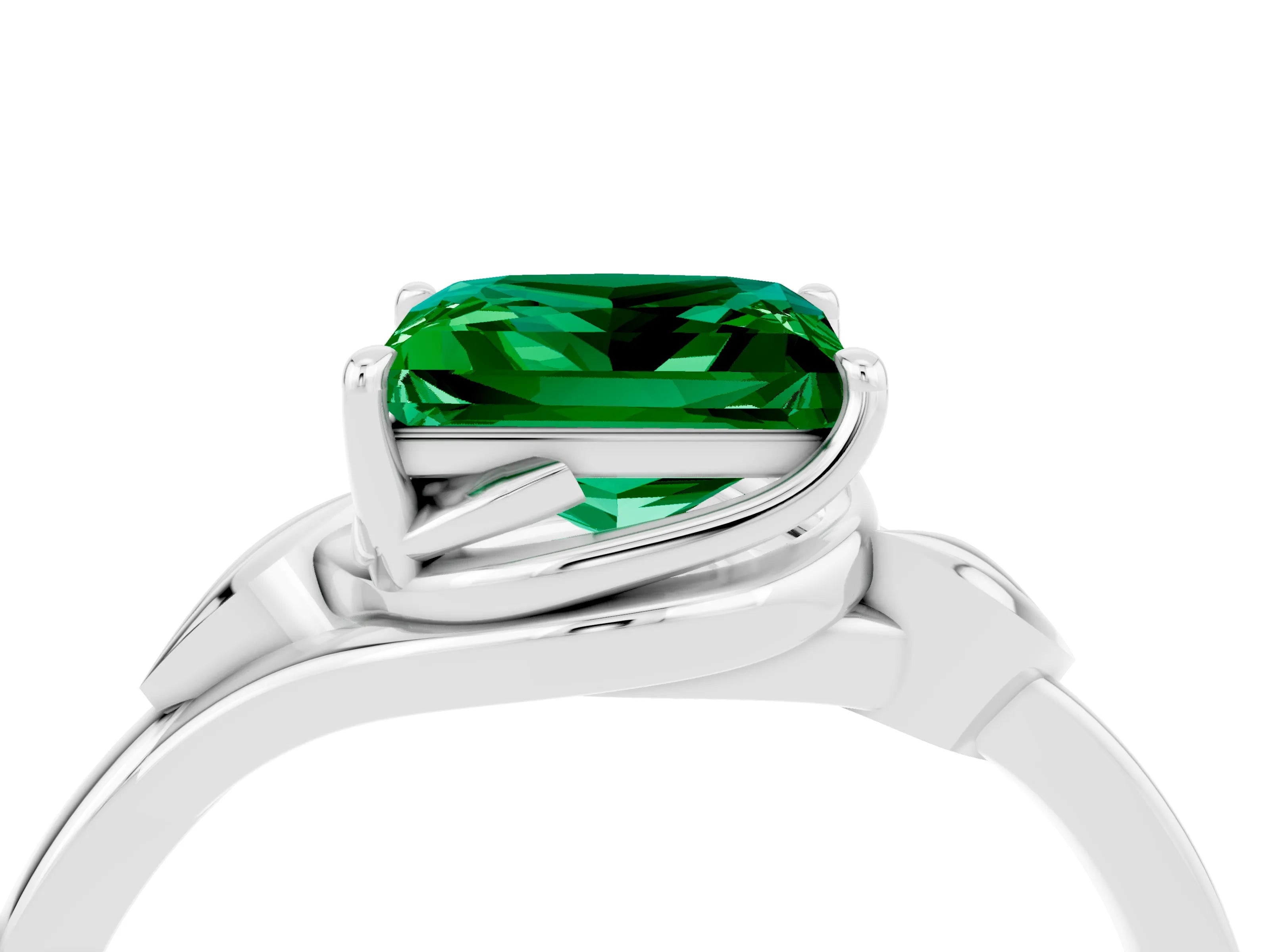 White gold Princess Cut Emerald Solitaire Ring with Twist Band and Four-Prong Setting_16