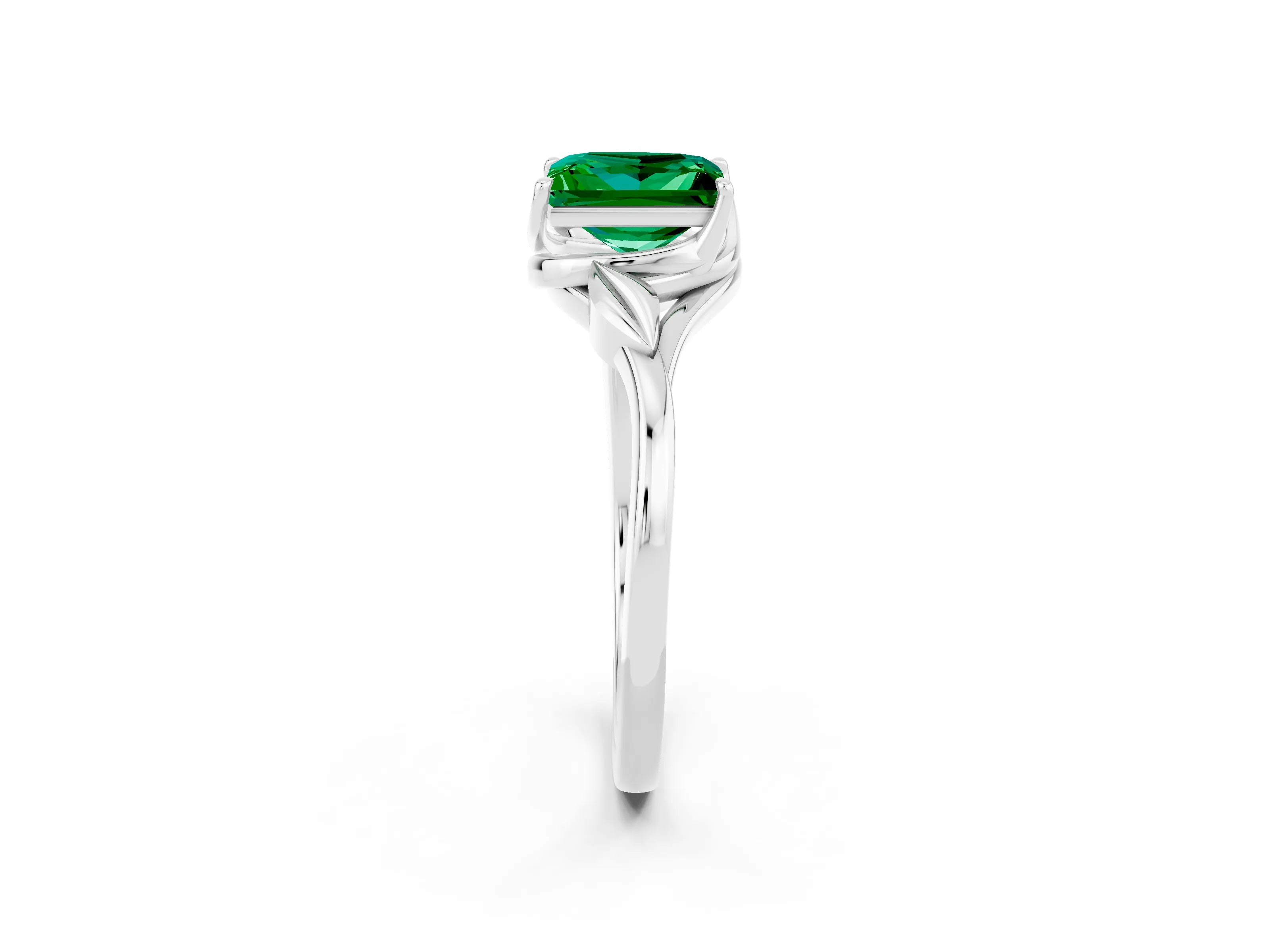 White gold Princess Cut Emerald Solitaire Ring with Twist Band and Four-Prong Setting_38